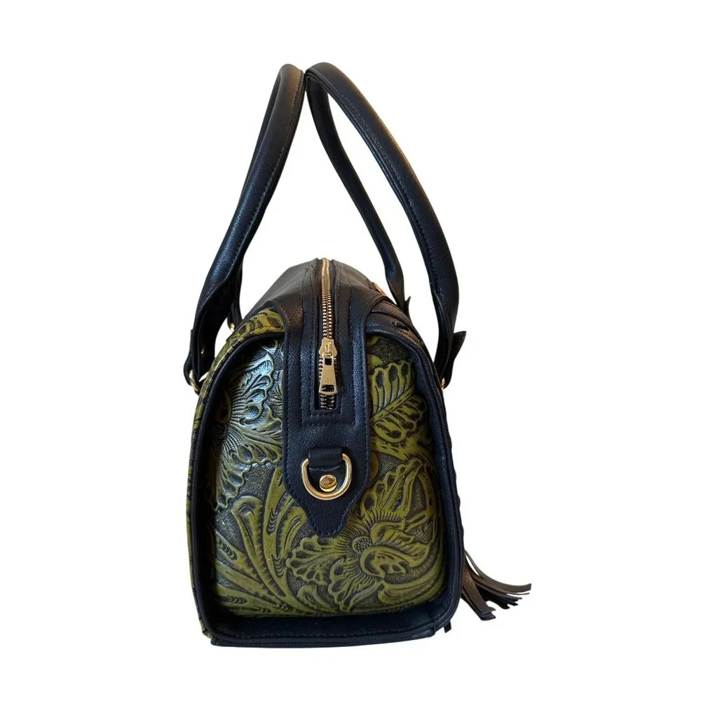 Tooled handmade olive green vegan‎ leather satchel shoulder handbag Women Large